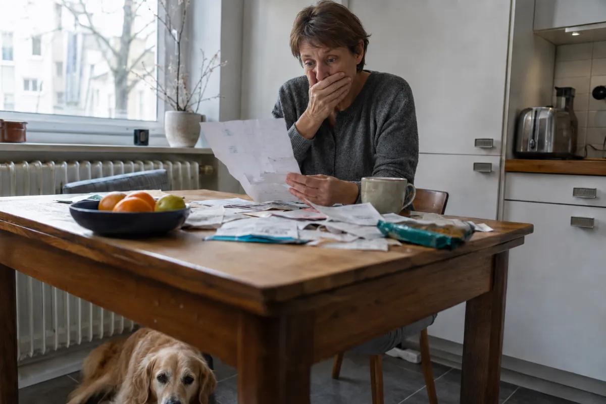 Owner at the kitchen table, shocked by the vet bill