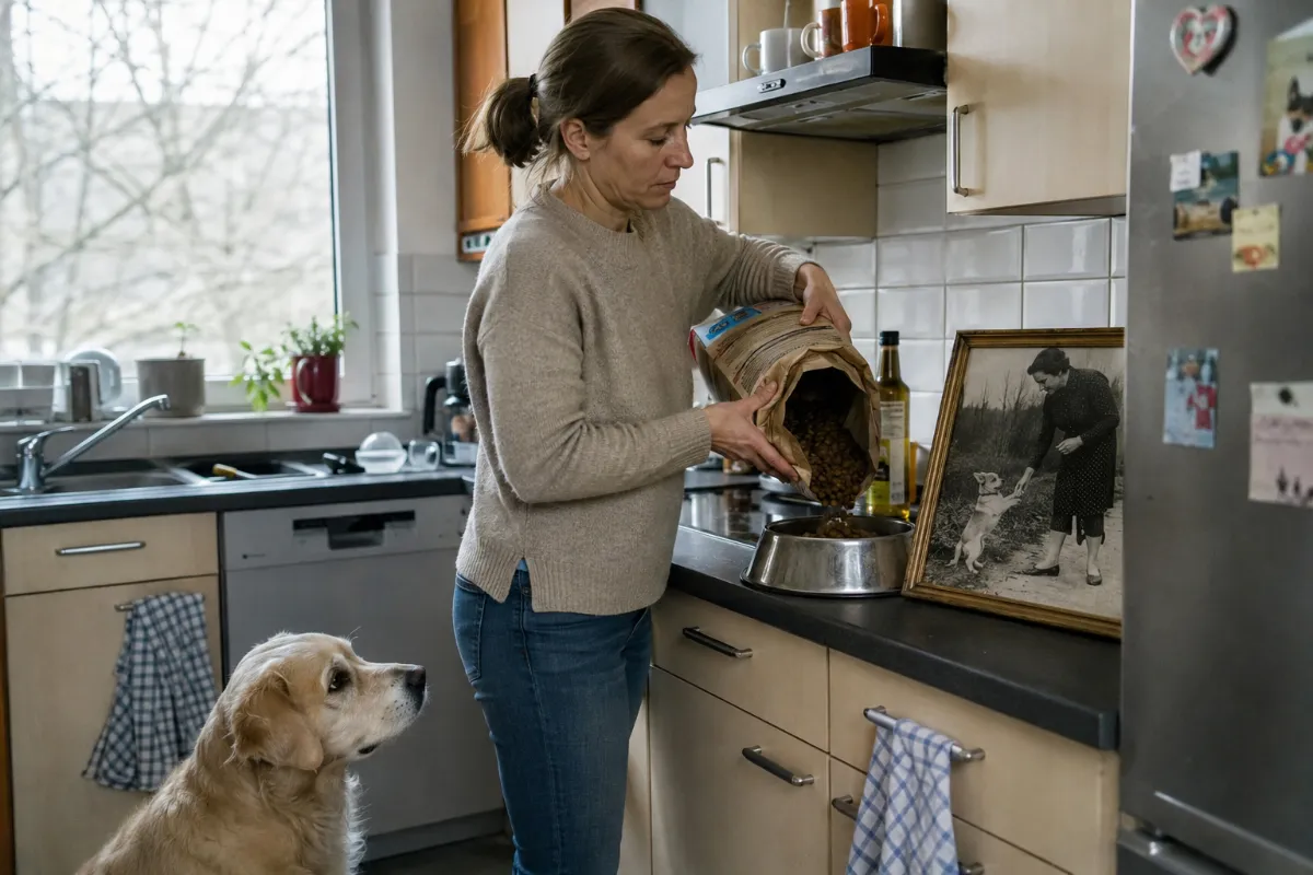 Kibble being poured into the bowl, old photo beside it