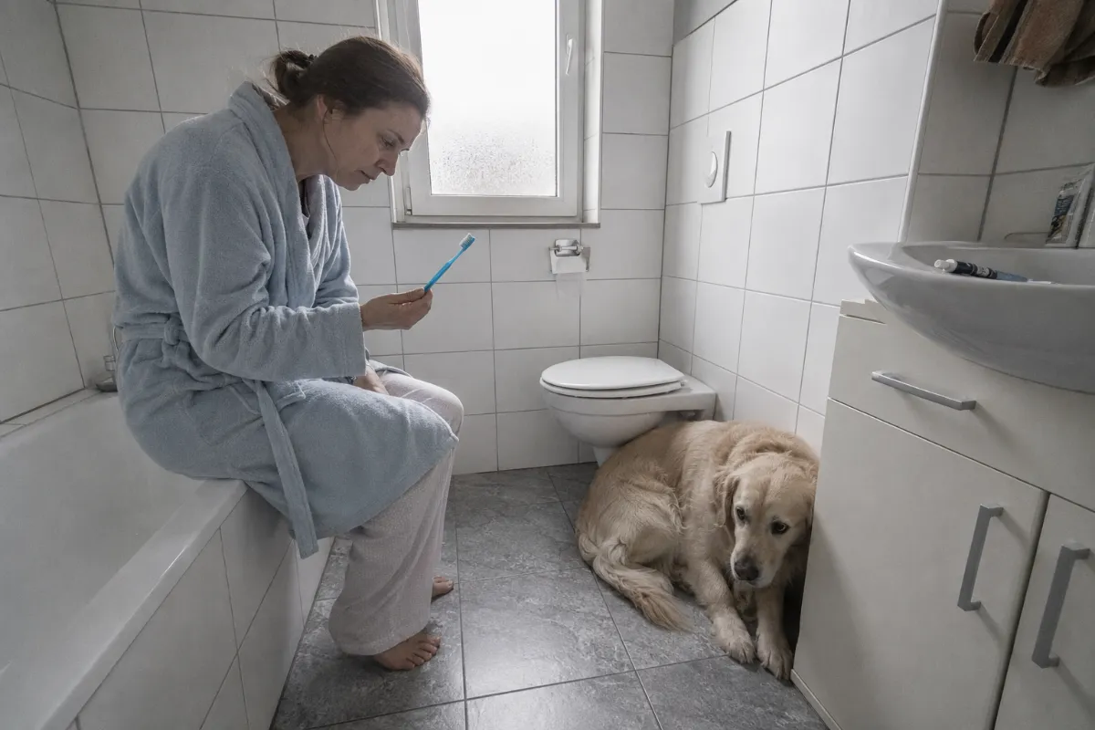Resigned owner holding a toothbrush, dog cowering in the bathroom