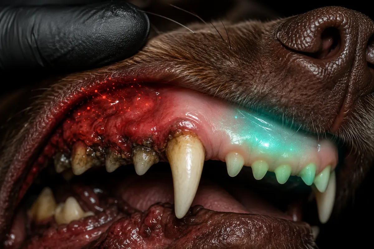 Dog's gums: inflamed red on one side, healing pink on the other