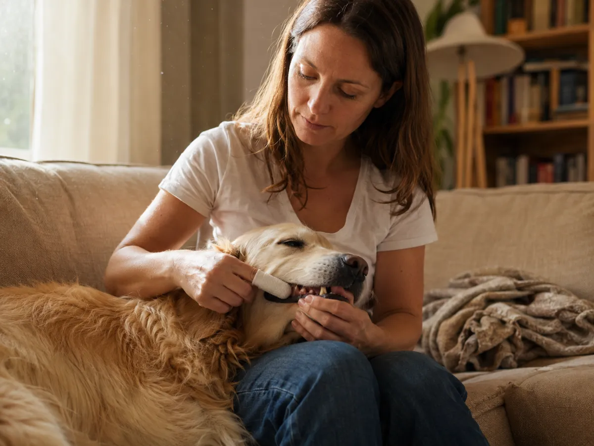 Relaxed dog on its owner's lap during application of the finger wipe