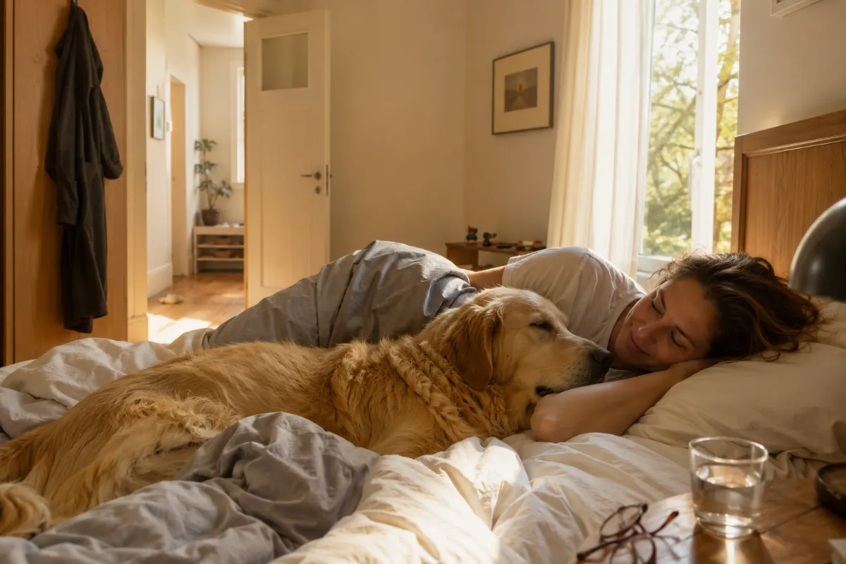 Dog sleeping in bed again in the morning, bedroom door wide open